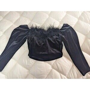 ACOA Black Velvet Off-The-Shoulder Crop Top with Real Feather Trim - Size S